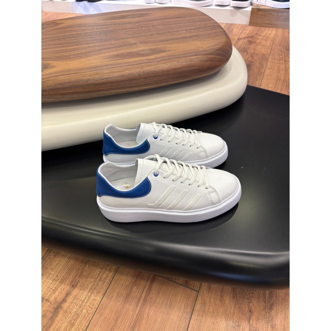 1011 Beyaz Lacivert Detay Hakiki Deri Erkek Sneakers