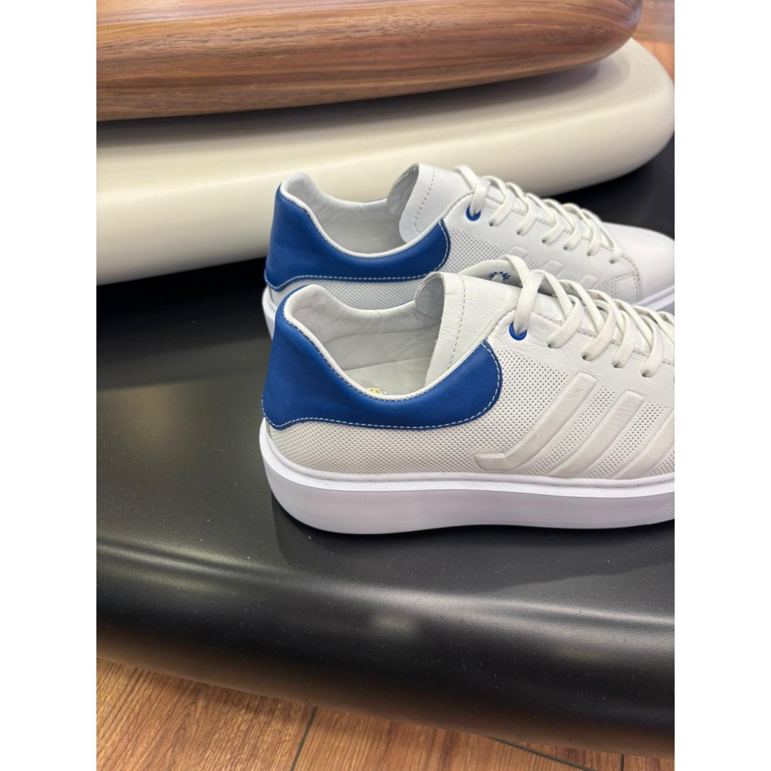 1011 Beyaz Lacivert Detay Hakiki Deri Erkek Sneakers
