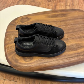 4226 Siyah Süet Detaylı Hakiki Deri Erkek Sneakers