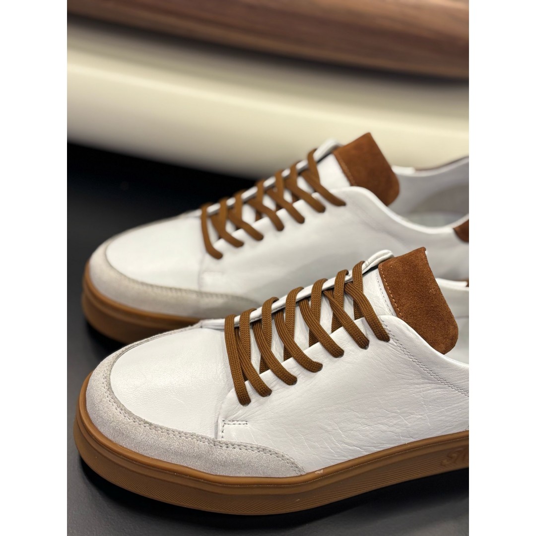 4253 Beyaz Taba Detaylı Hakiki Deri Erkek Sneakers