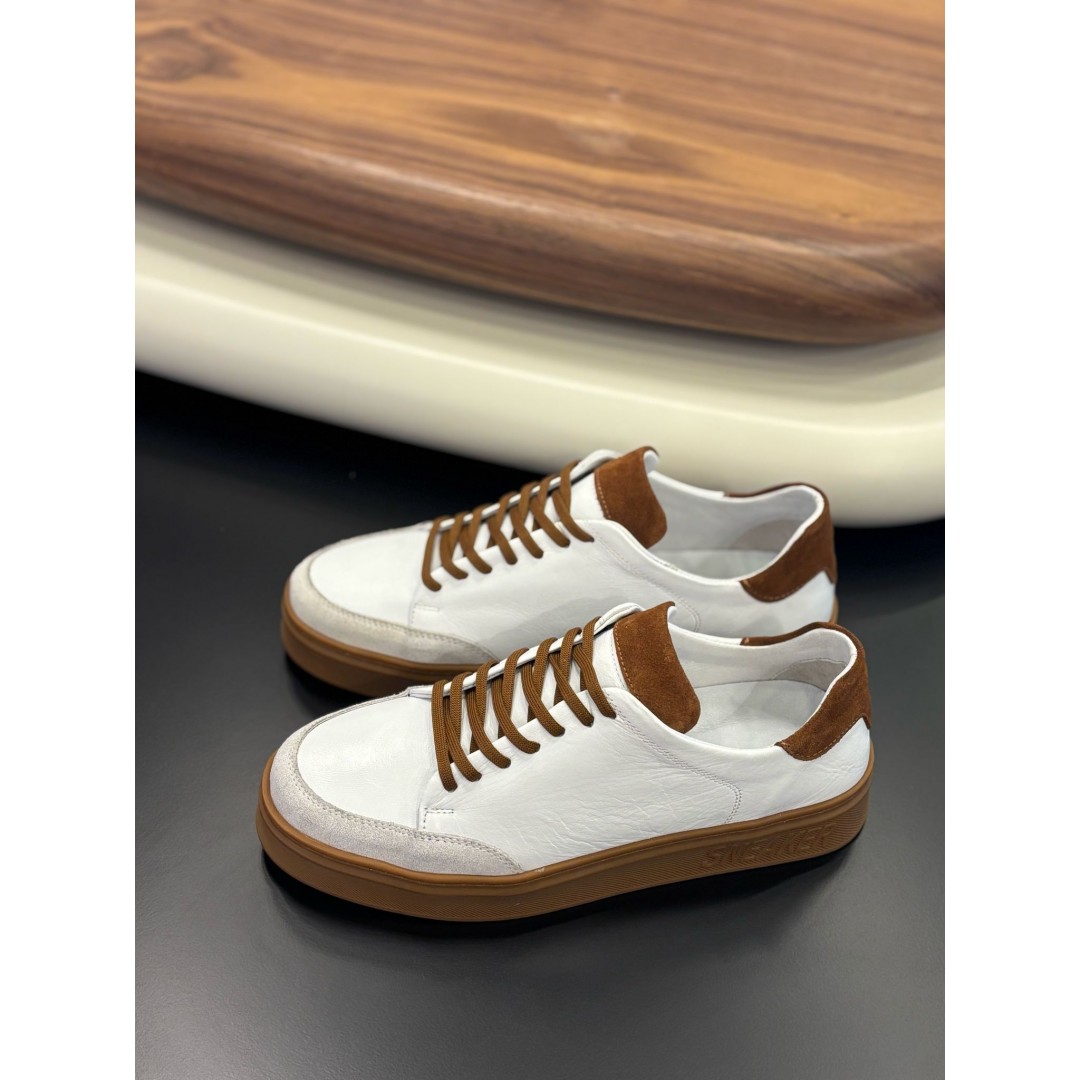 4253 Beyaz Taba Detaylı Hakiki Deri Erkek Sneakers