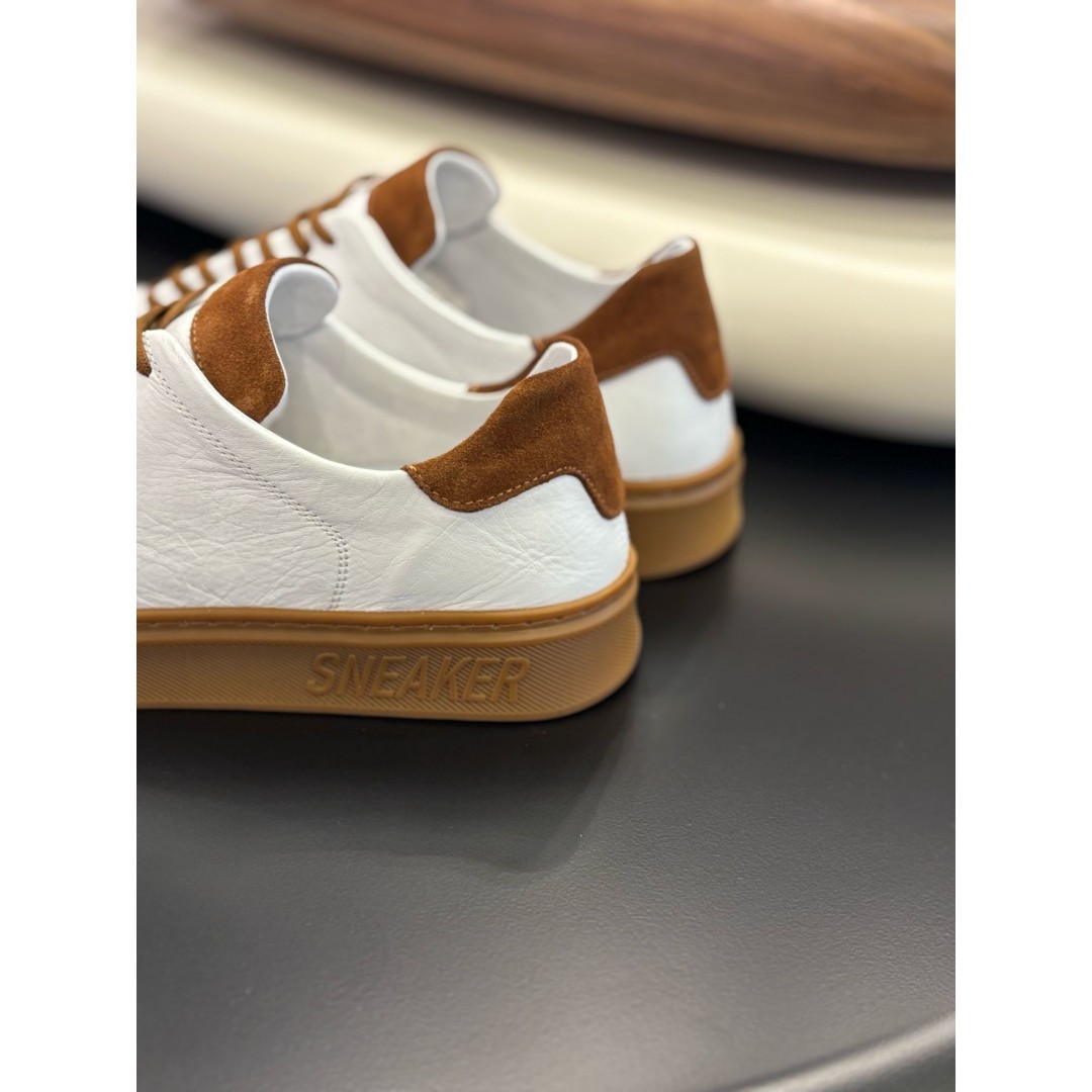 4253 Beyaz Taba Detaylı Hakiki Deri Erkek Sneakers