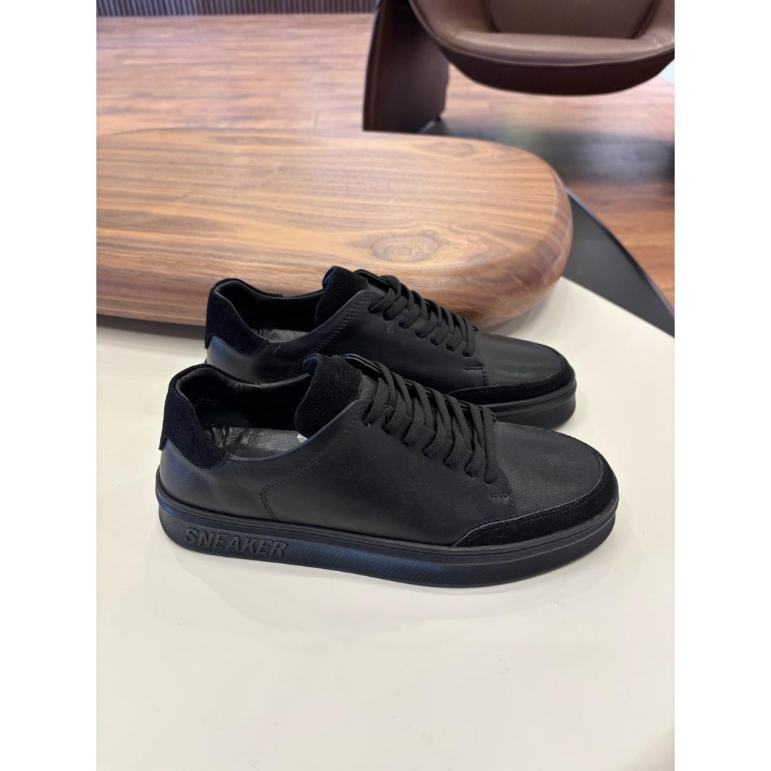 4253 Siyah Süet Detaylı Hakiki Deri Erkek Sneakers