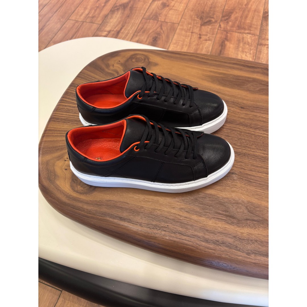 Paris Siyah - Turuncu Detaylı Hakiki Deri Erkek Sneakers