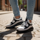 1098 Beyaz Siyah - Siyah Taban Hakiki Deri Erkek Sneakers