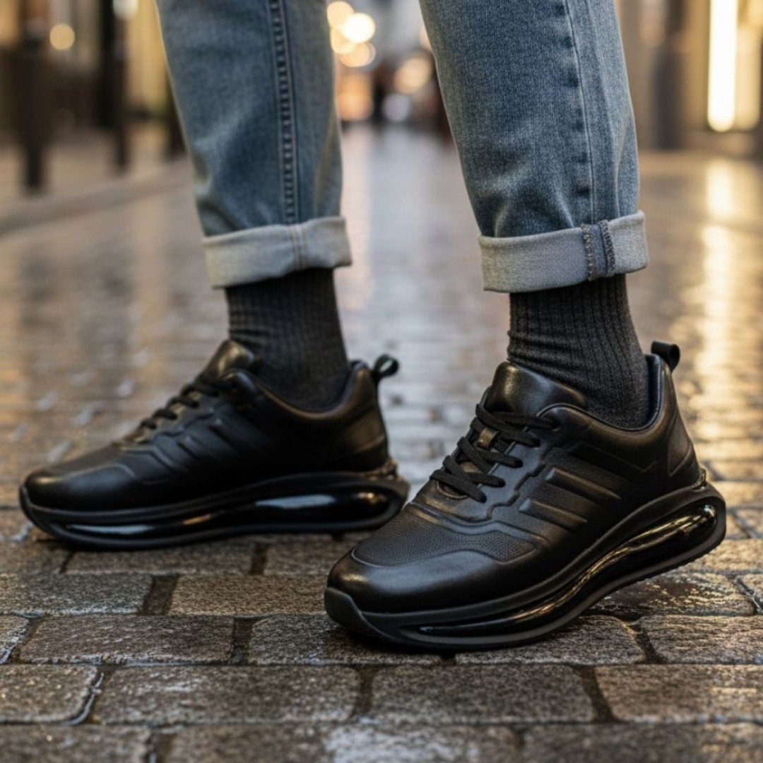 1011 Siyaha Siyah Hakiki Deri Erkek Sneakers