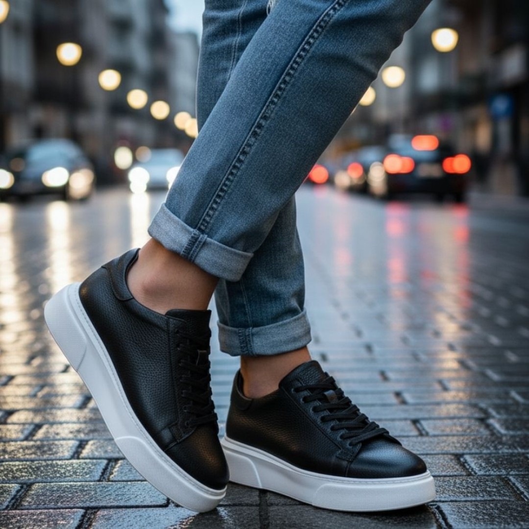 1090 Siyah Cilt Hakiki Deri Erkek Sneakers