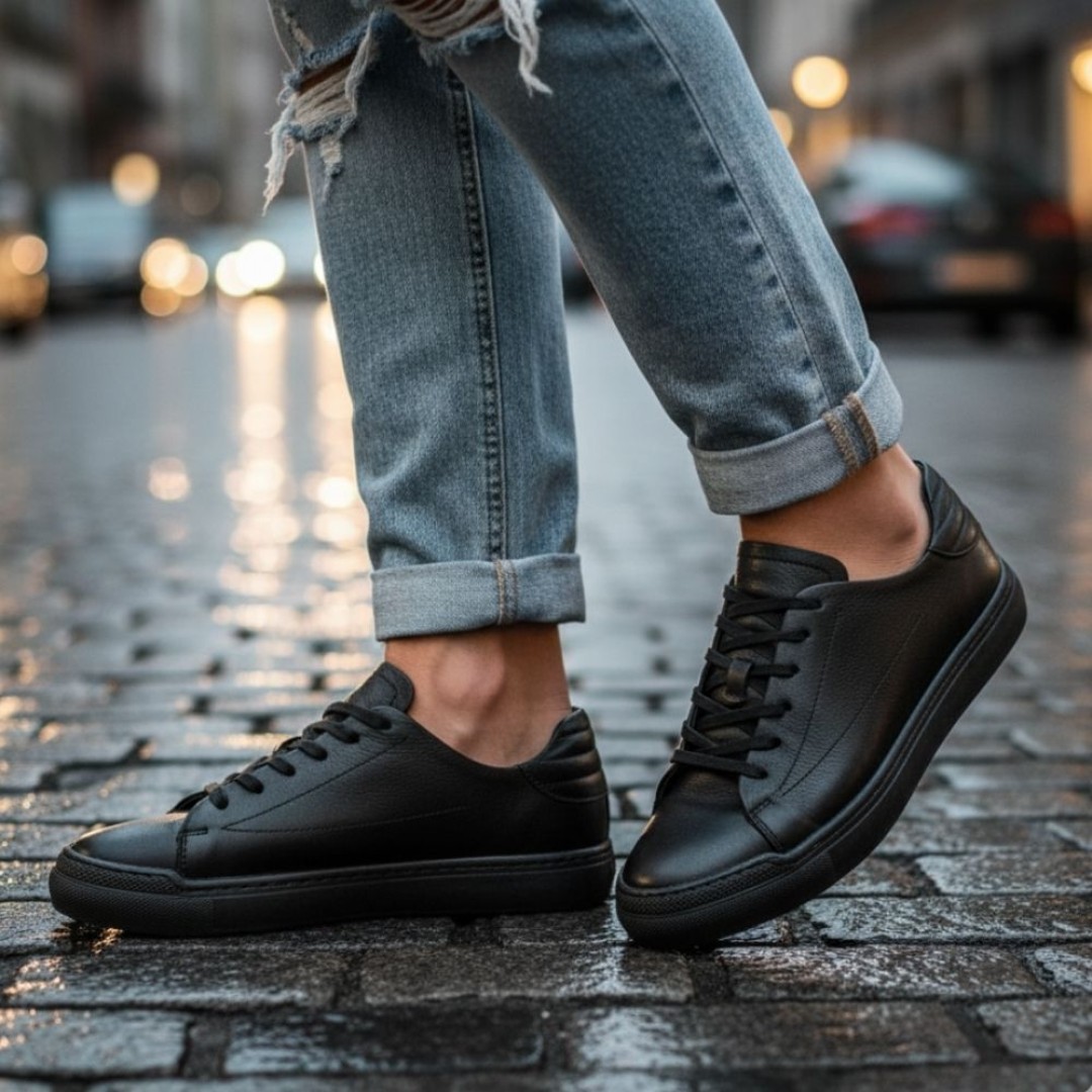 4220 Siyah Dikiş Detaylı Hakiki Deri Erkek Sneakers