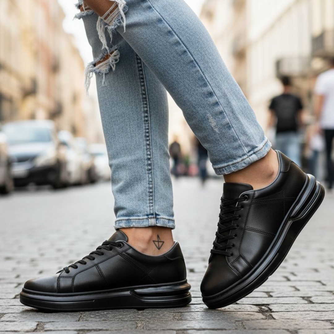 Paris Siyah Gri Detaylı Hakiki Deri Erkek Sneakers