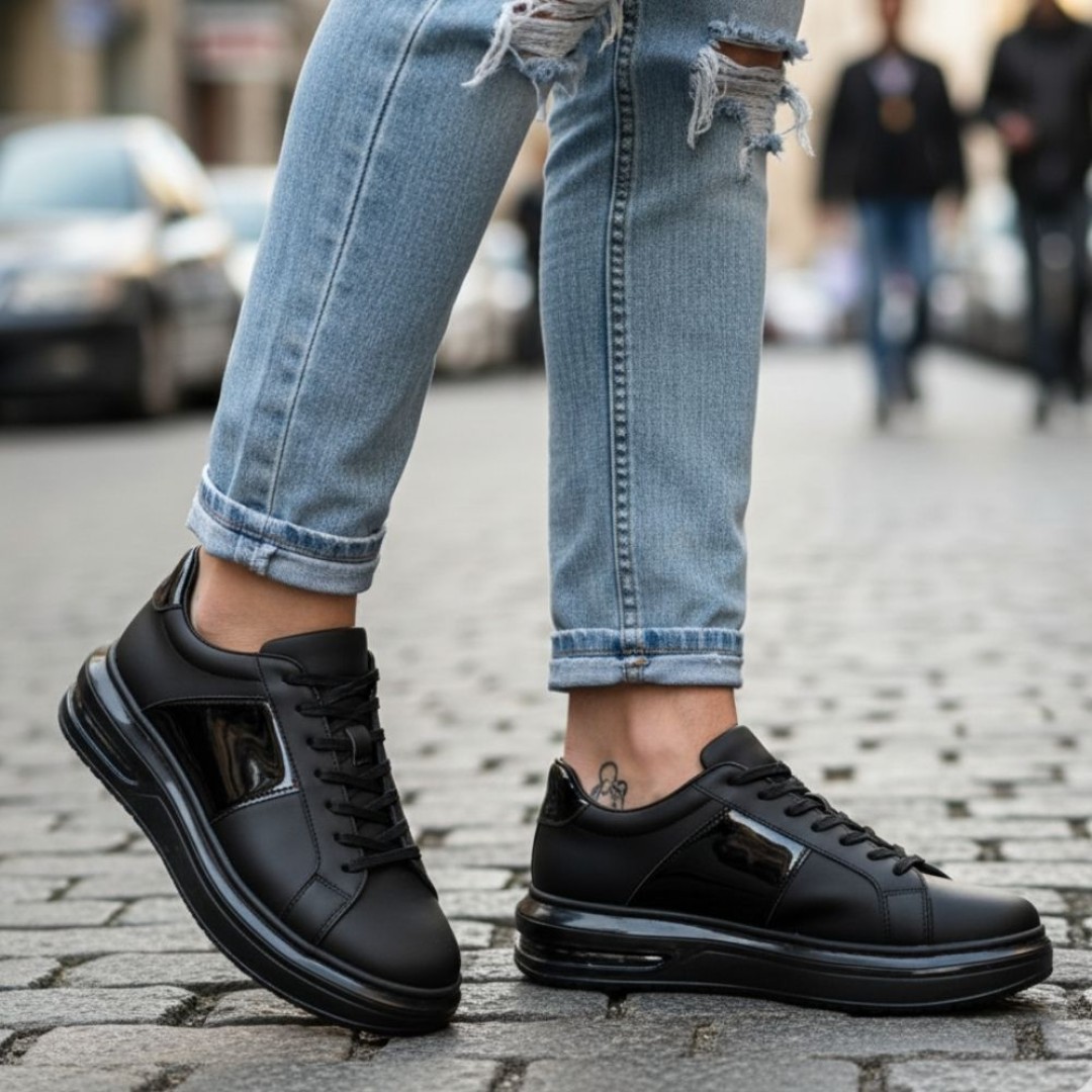 Paris Siyah Mat Rugan Detaylı Hakiki Deri Erkek Sneakers