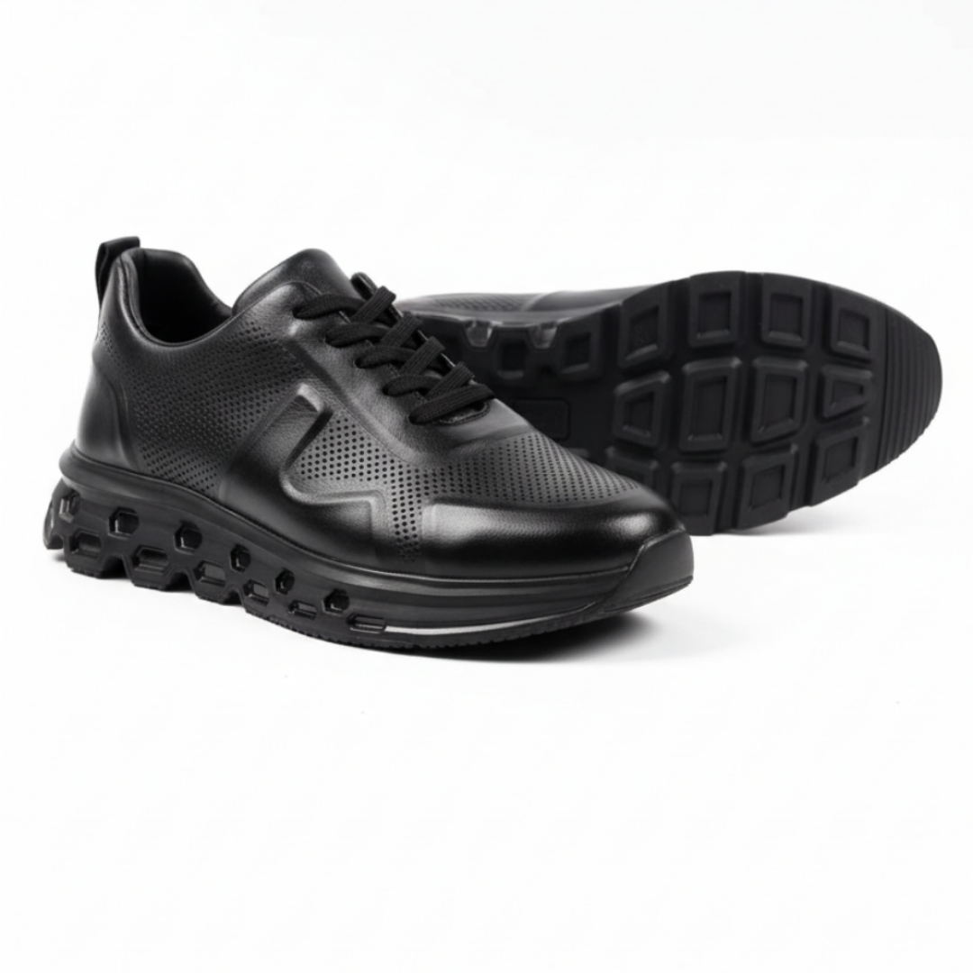 1012 Piramit Siyah Cilt Hakiki Deri Erkek Sneakers