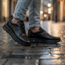 1012 Piramit Siyah Cilt Hakiki Deri Erkek Sneakers