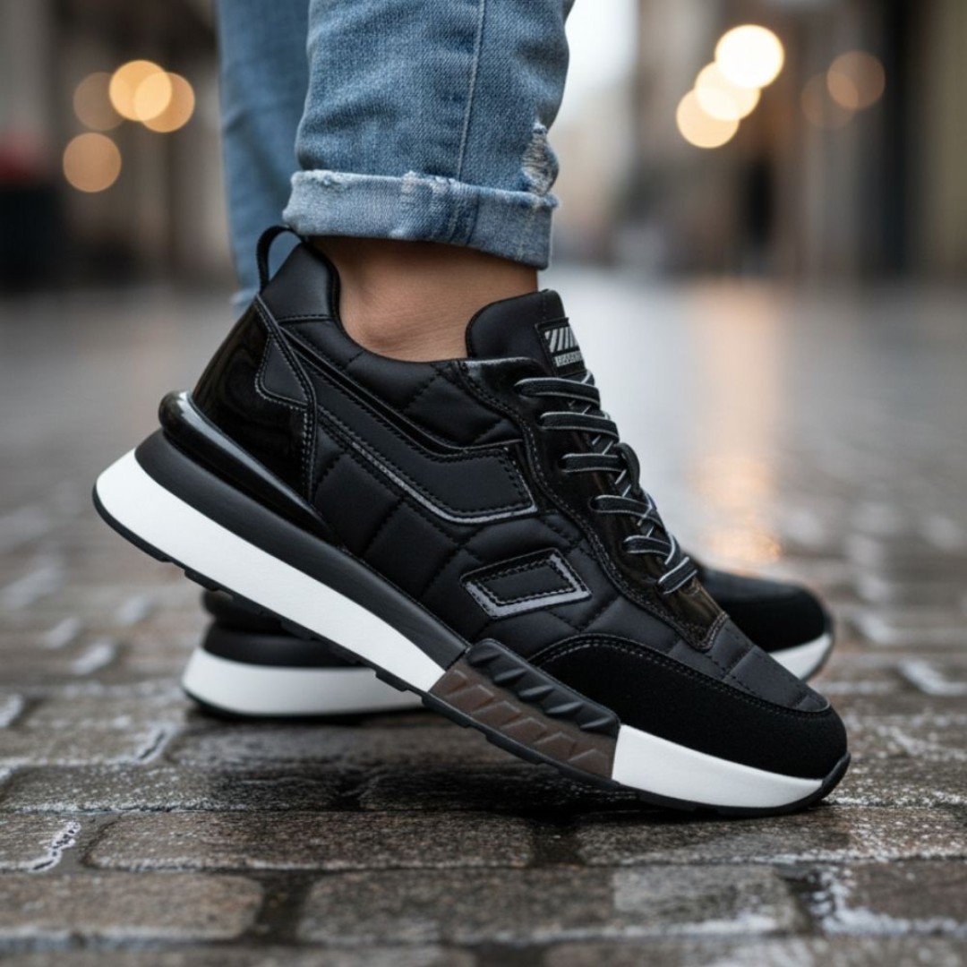 1091 Siyah Paraşüt Rugan Detay Hakiki Deri Erkek Sneakers