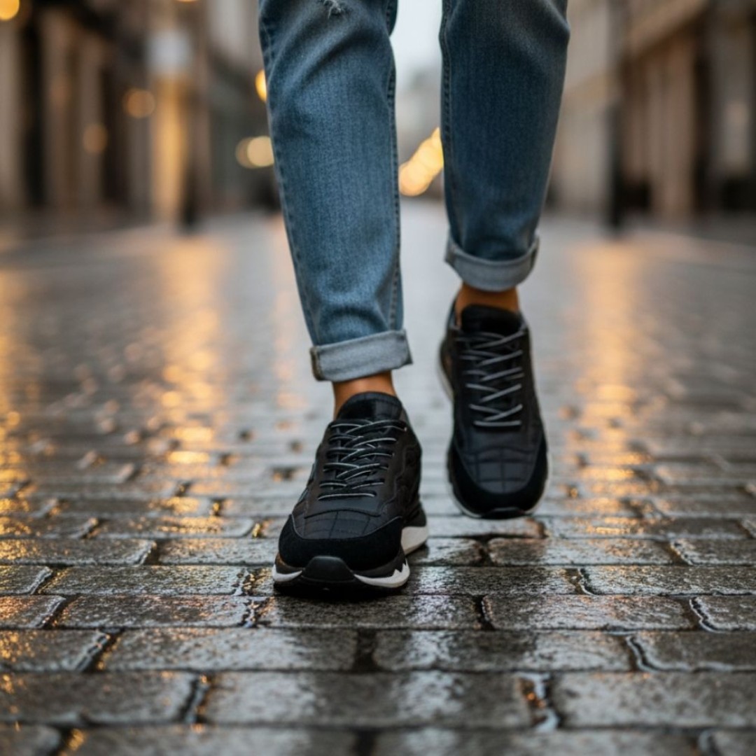 1091 Siyah Paraşüt Nubuk Detay Hakiki Deri Erkek Sneakers