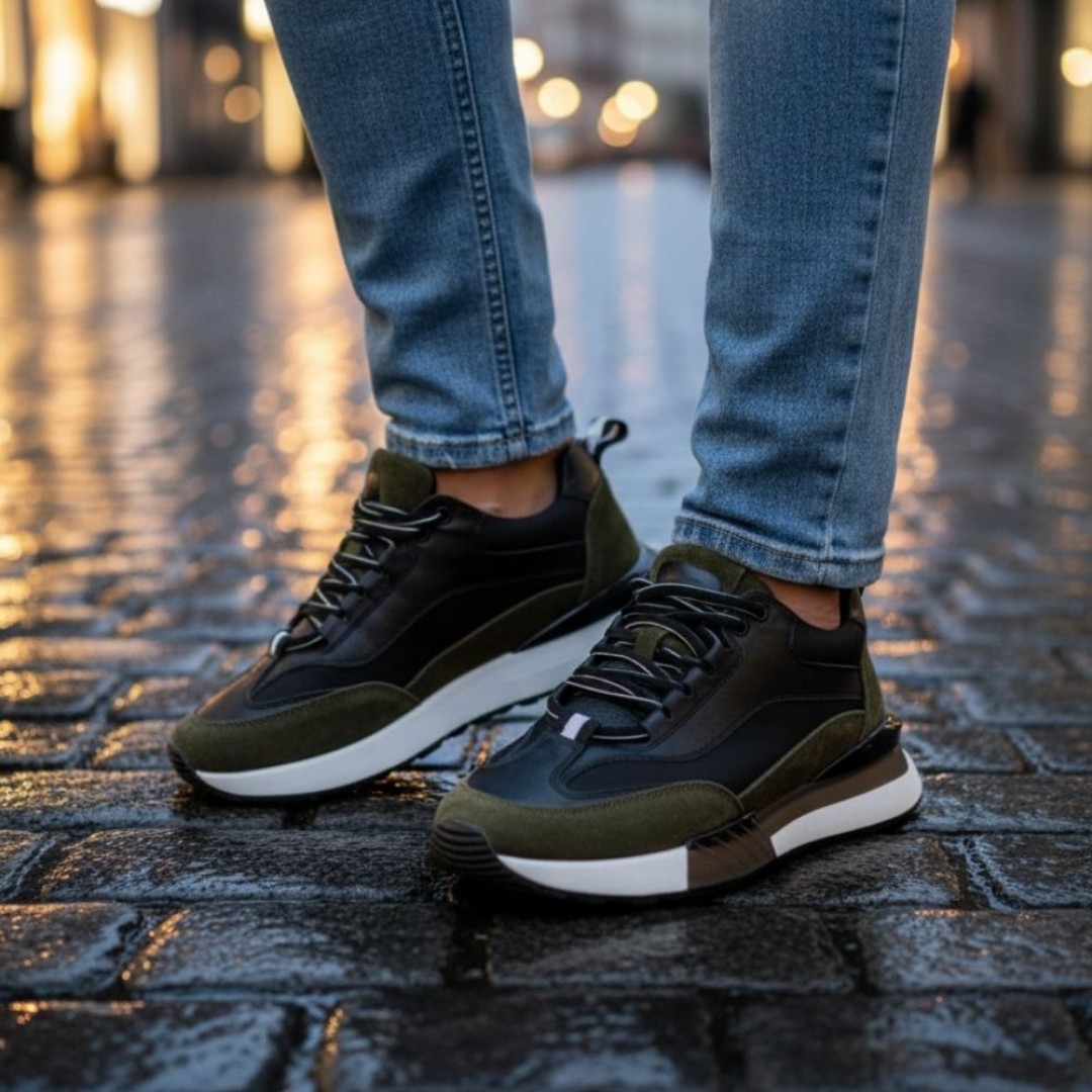 1094 Haki Siyah Hakiki Deri Erkek Sneakers