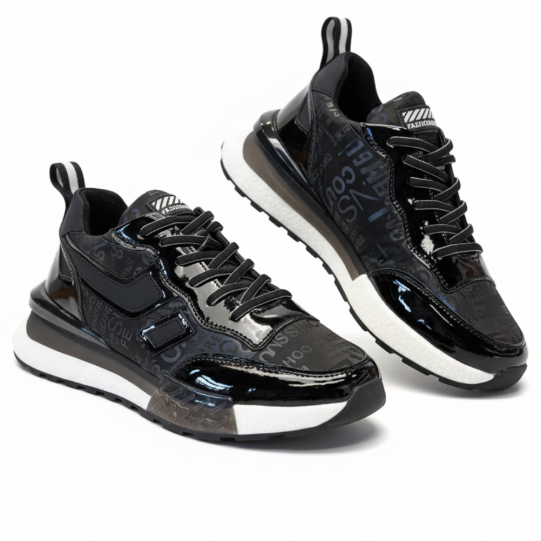 1091 Yazılı Paraşüt Siyah Hakiki Deri Erkek Sneakers