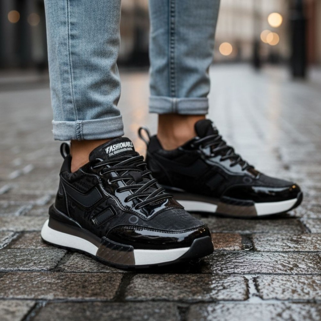 1091 Yazılı Paraşüt Siyah Hakiki Deri Erkek Sneakers