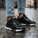 1091 Yazılı Paraşüt Siyah Hakiki Deri Erkek Sneakers