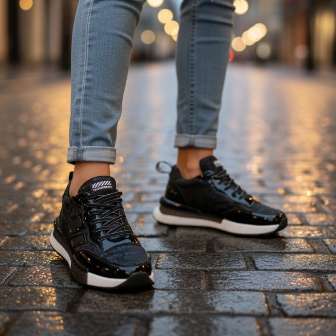 1091 Yazılı Paraşüt Siyah Hakiki Deri Erkek Sneakers