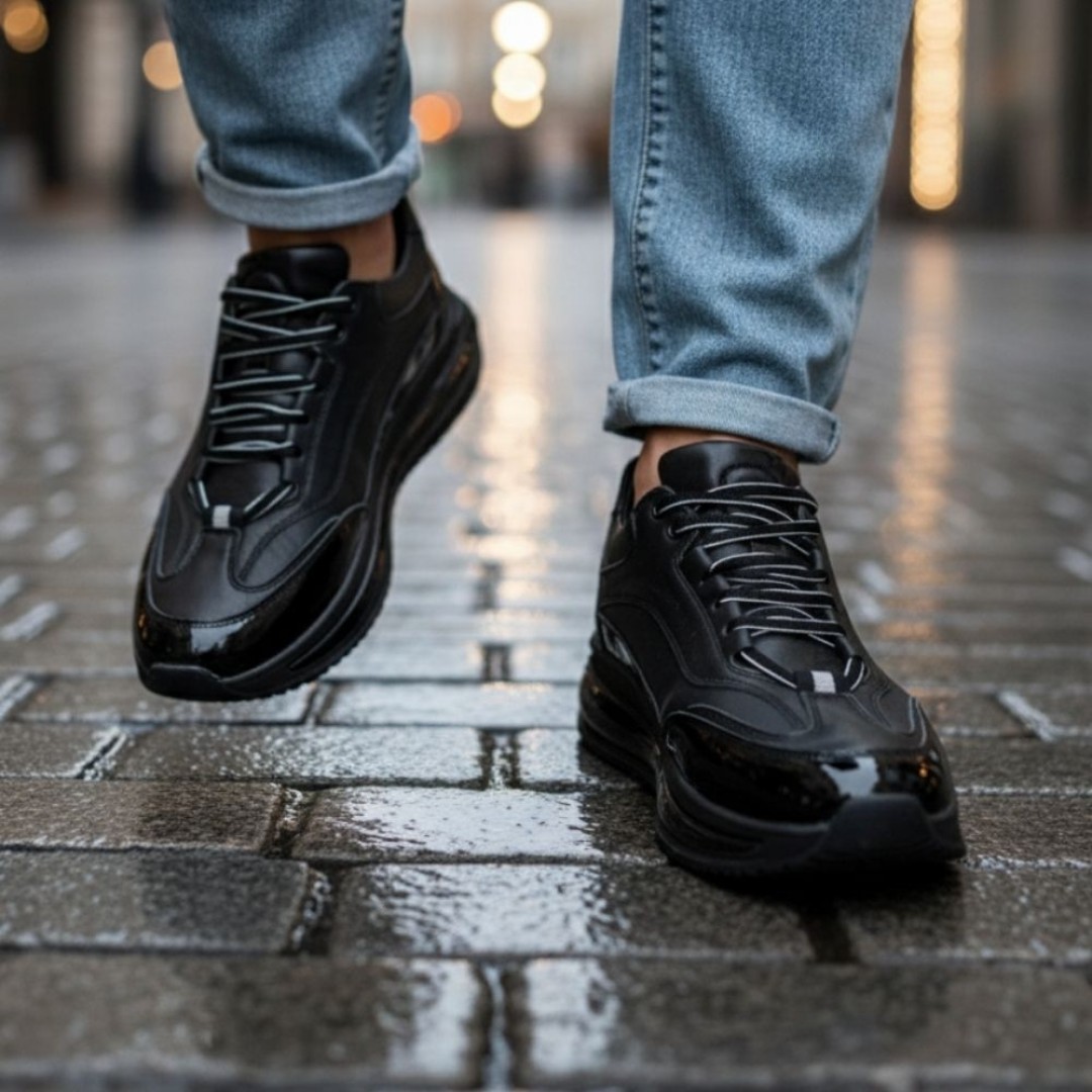 1094 Siyah Rugan - Siyah Taban Hakiki Deri Erkek Sneakers