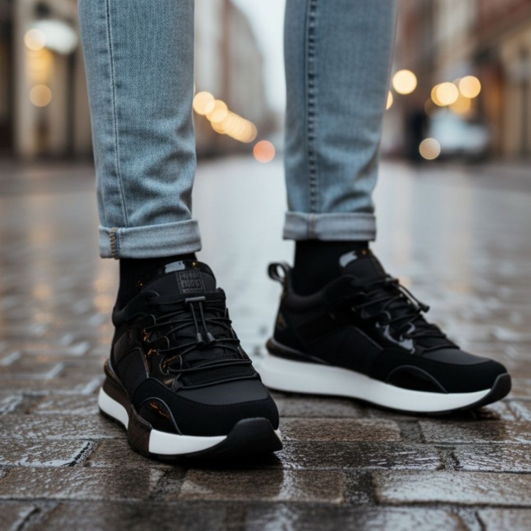 1093 Siyah Hakiki Deri Erkek Sneakers