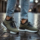 1096 Haki Nubuk - Beyaz Taban Hakiki Deri Erkek Sneakers