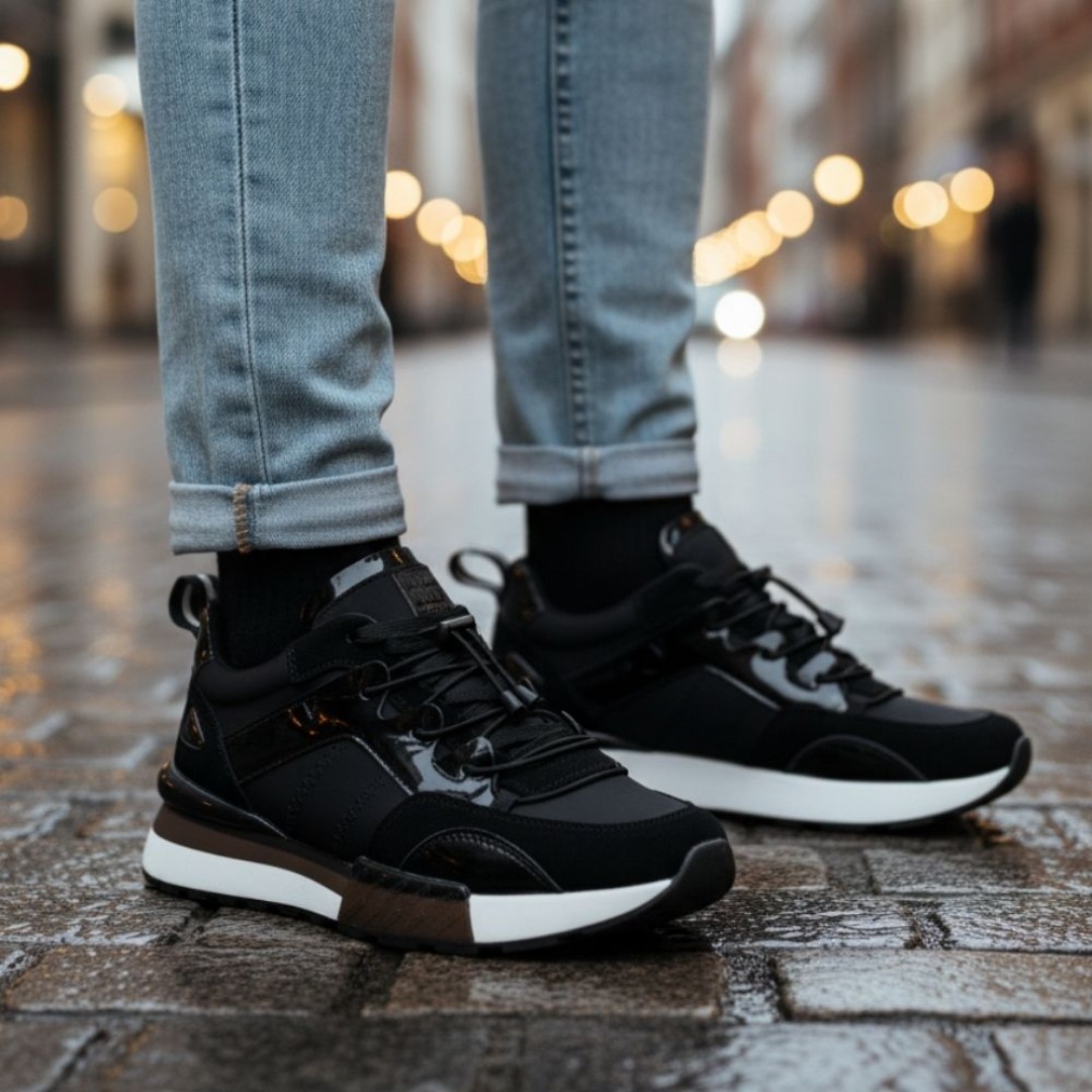 1093 Siyah Hakiki Deri Erkek Sneakers