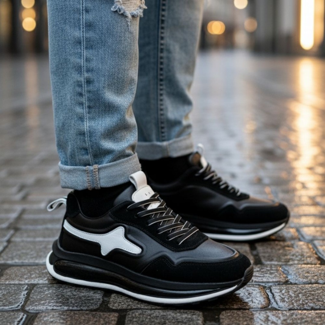 1107 Siyah Beyaz Detaylı Hakiki Deri Erkek Sneakers