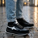 1107 Siyah Beyaz Detaylı Hakiki Deri Erkek Sneakers