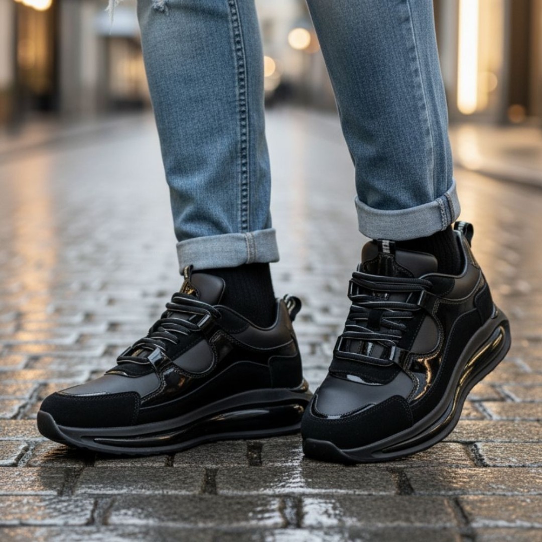 1098 Siyah Rugan - Siyah Taban Detaylı Hakiki Deri Erkek Sneakers