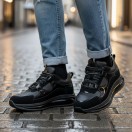 1098 Siyah Rugan - Siyah Taban Detaylı Hakiki Deri Erkek Sneakers