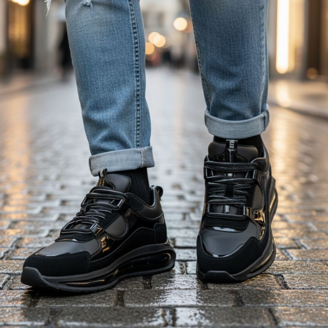 1098 Siyah Rugan - Siyah Taban Detaylı Hakiki Deri Erkek Sneakers