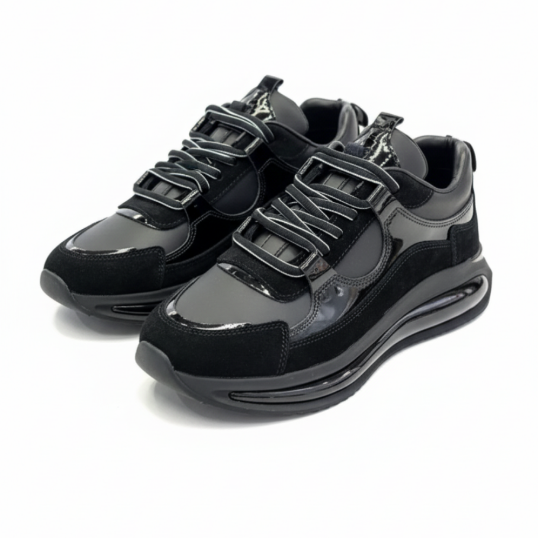 1098 Siyah Rugan - Siyah Taban Detaylı Hakiki Deri Erkek Sneakers