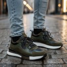 1098 Haki Siyah Hakiki Deri Erkek Sneakers