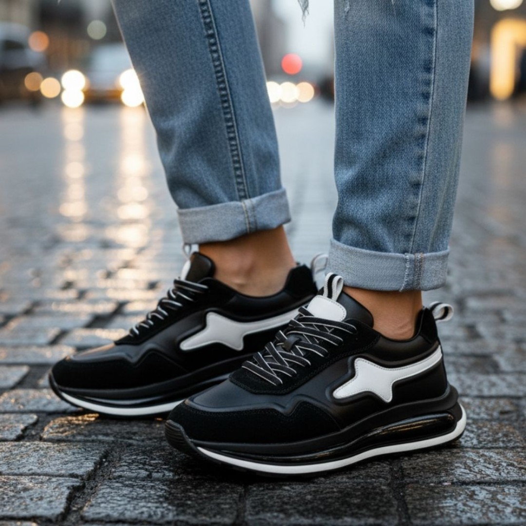 1107 Siyah Beyaz Detaylı Hakiki Deri Erkek Sneakers