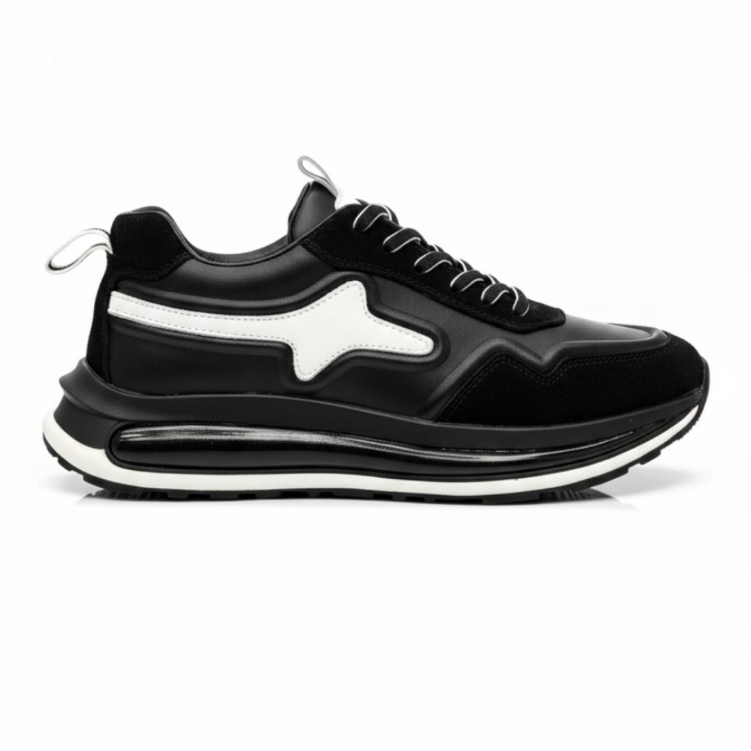 1107 Siyah Beyaz Detaylı Hakiki Deri Erkek Sneakers