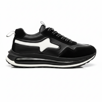 1107 Siyah Beyaz Detaylı Hakiki Deri Erkek Sneakers