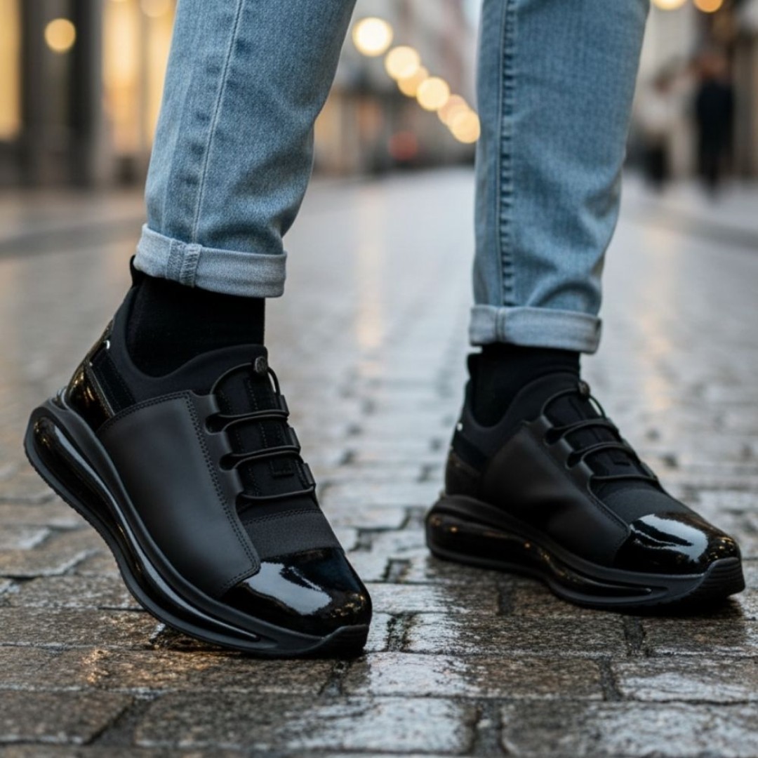 1056 Siyah Rugan Detaylı Hakiki Deri Erkek Sneakers