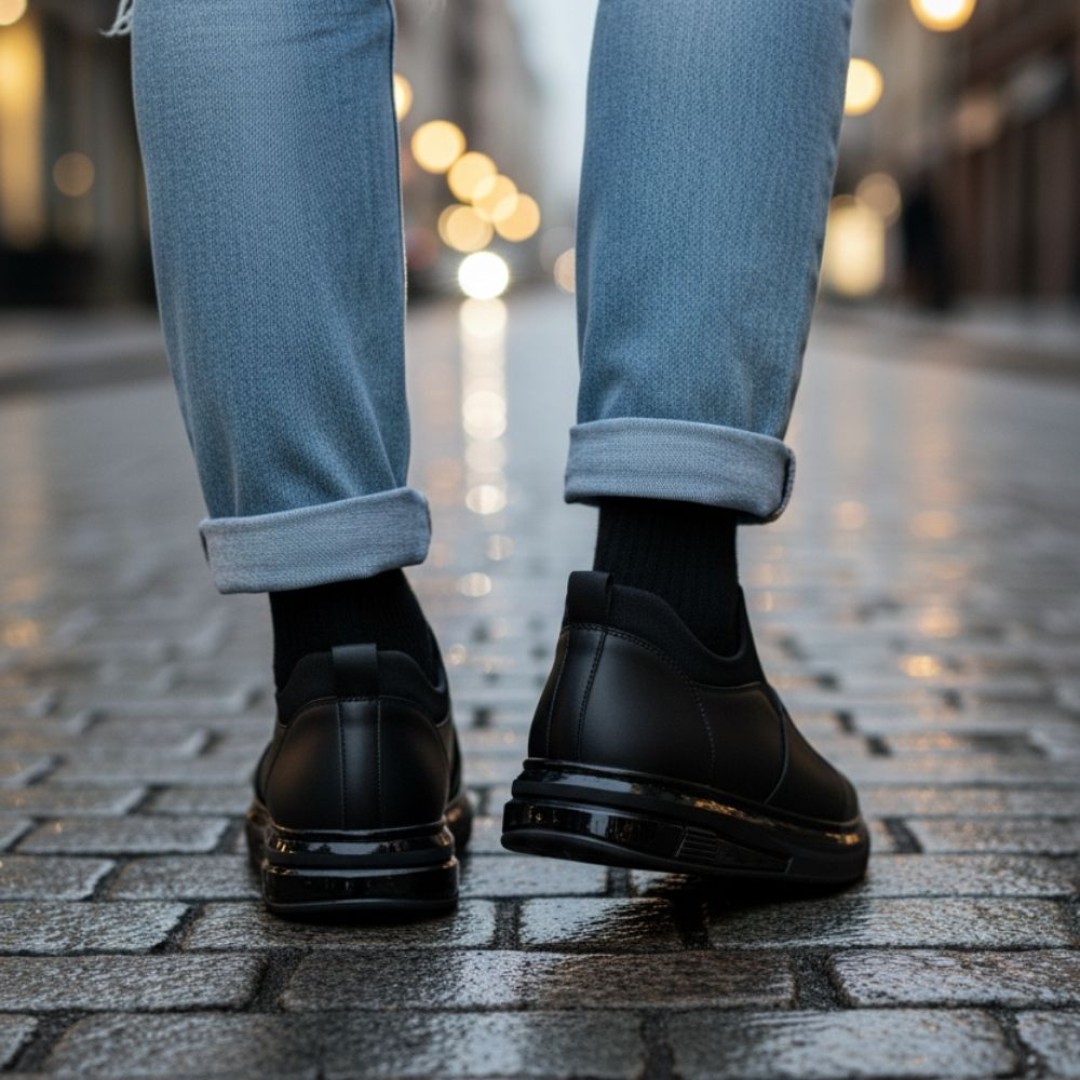 1067 Streçli Siyah Mat Hakiki Deri Erkek Sneakers