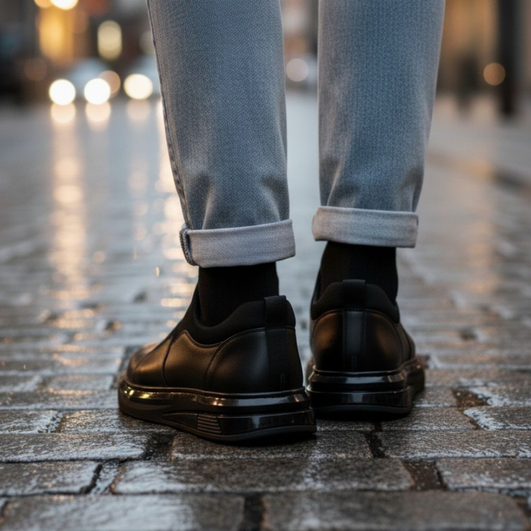 1067 Siyah Cilt Streçli Hakiki Deri Erkek Sneakers