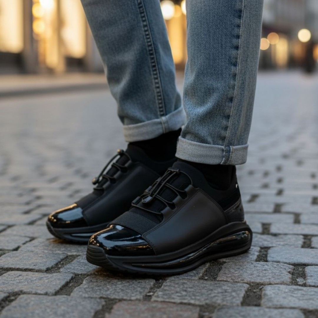 1056 Siyah Rugan Detaylı Hakiki Deri Erkek Sneakers