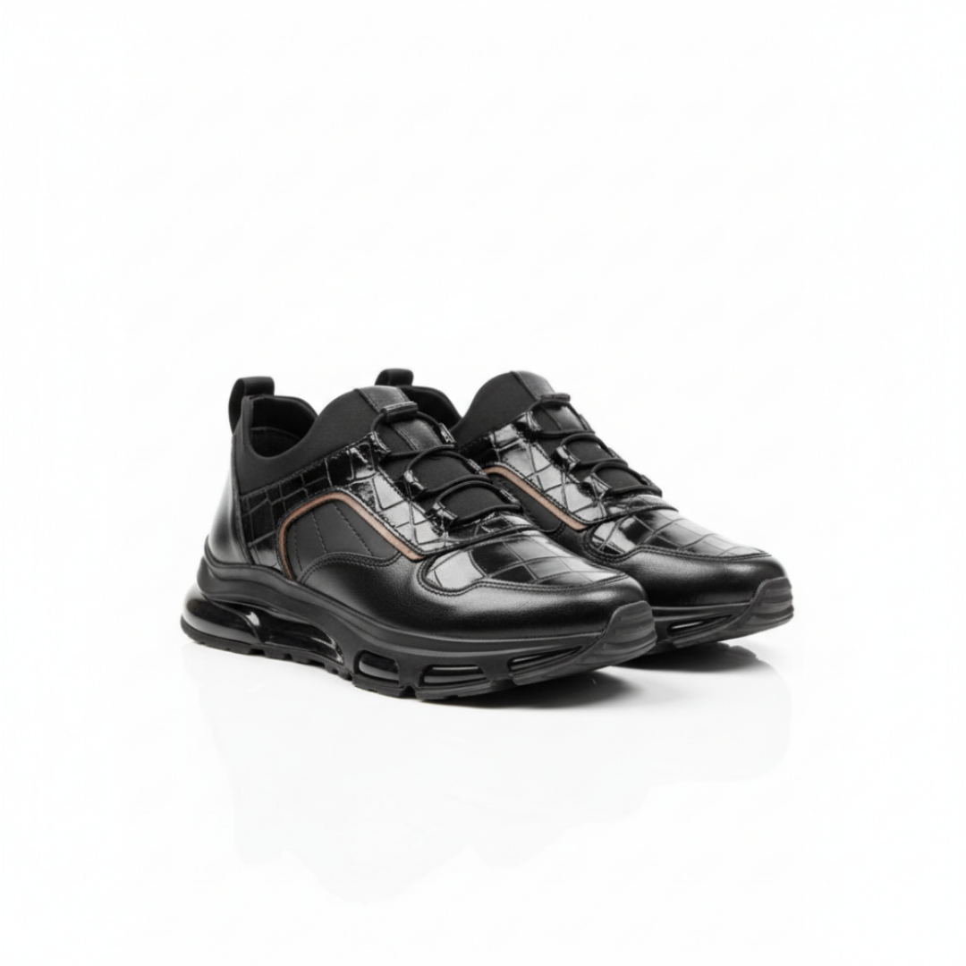1108 Siyah Rugan Detaylı Hakiki Deri Erkek Sneakers