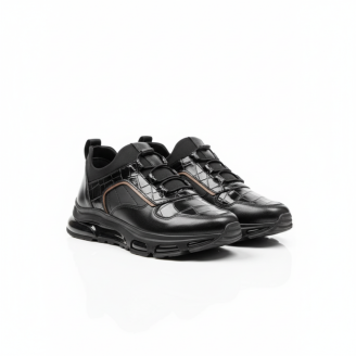 1108 Siyah Rugan Detaylı Hakiki Deri Erkek Sneakers