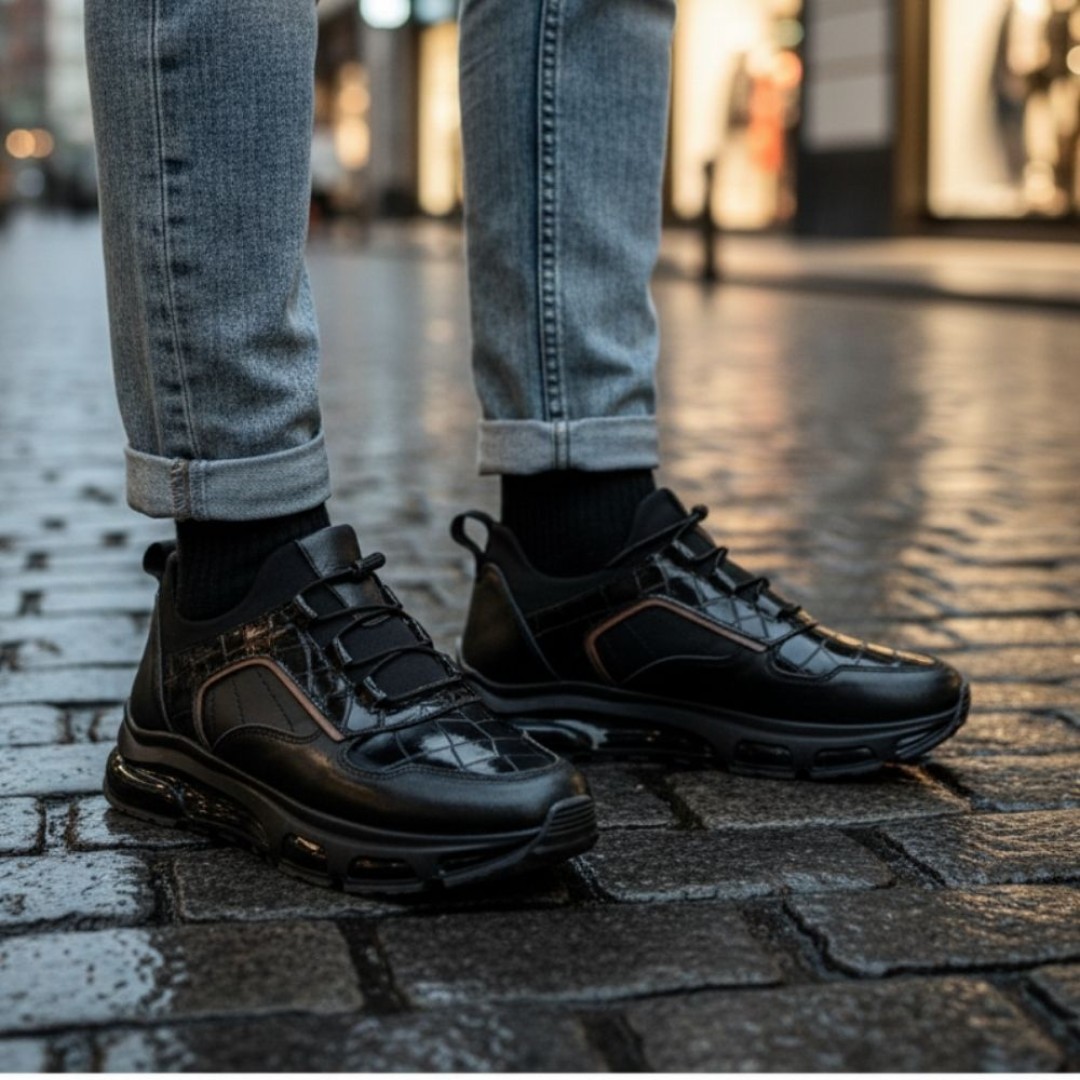 1108 Siyah Rugan Detaylı Hakiki Deri Erkek Sneakers