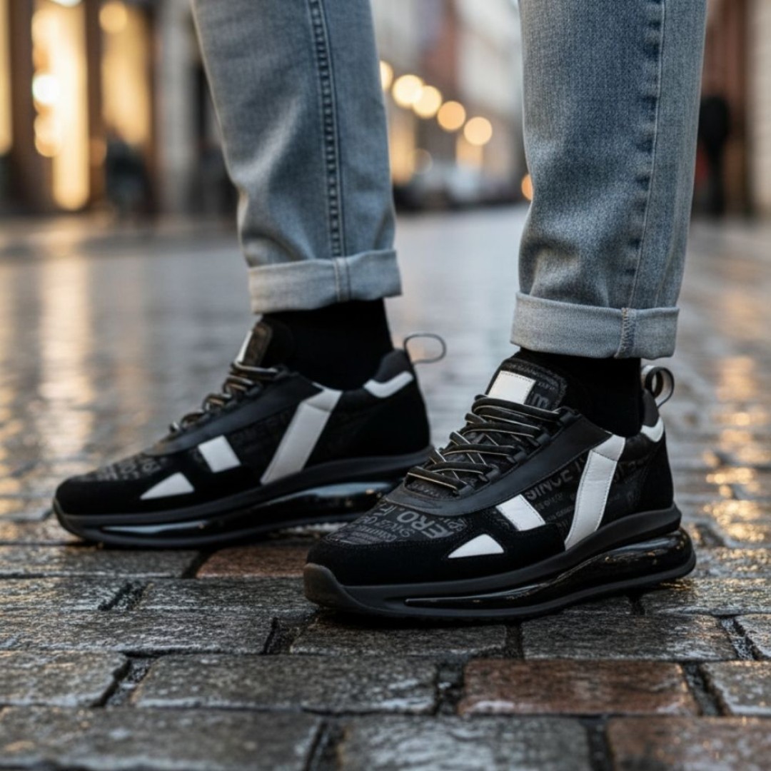 1104 Siyah Baskılı Hakiki Deri Erkek Sneakers