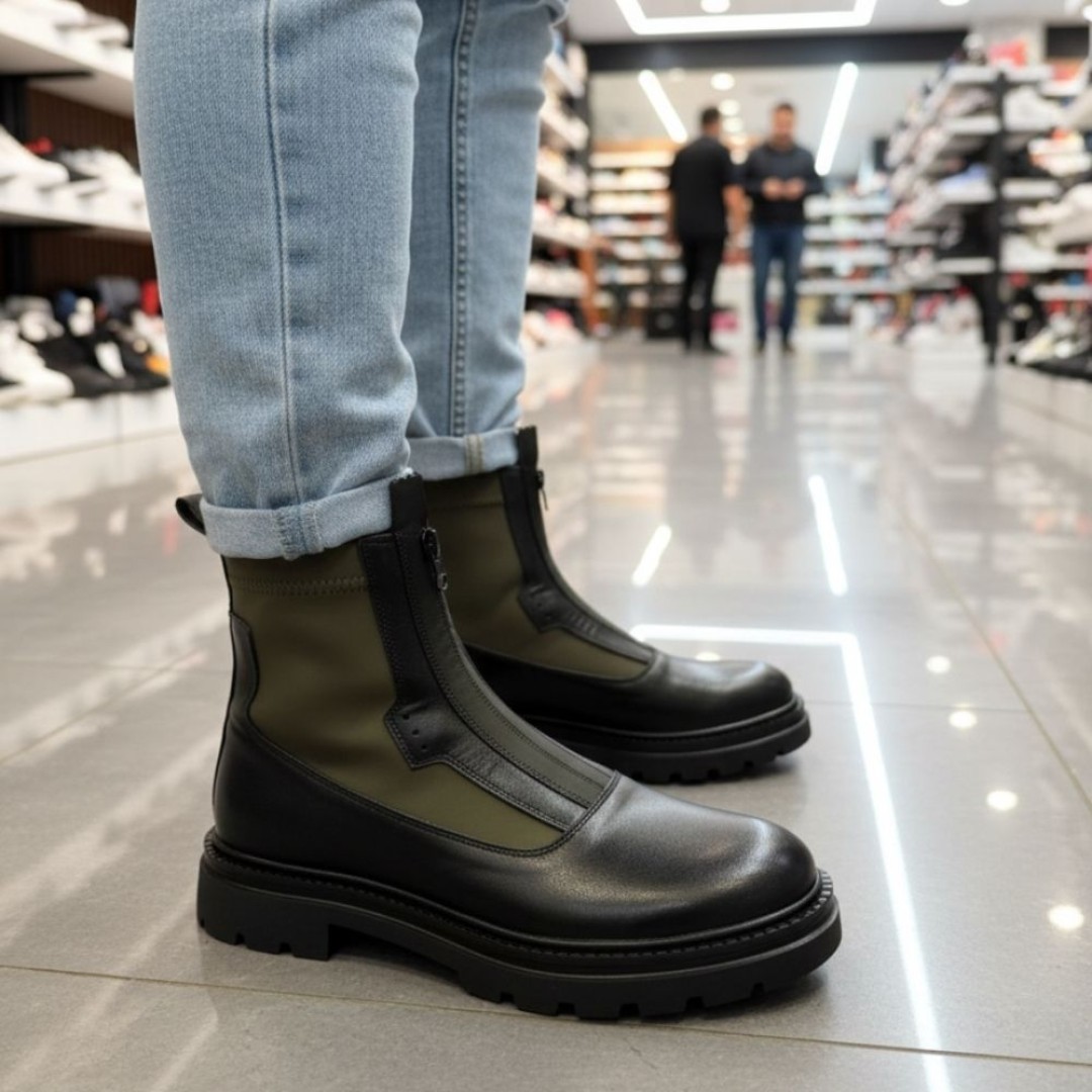 Streçli Haki Hakiki Deri Bot