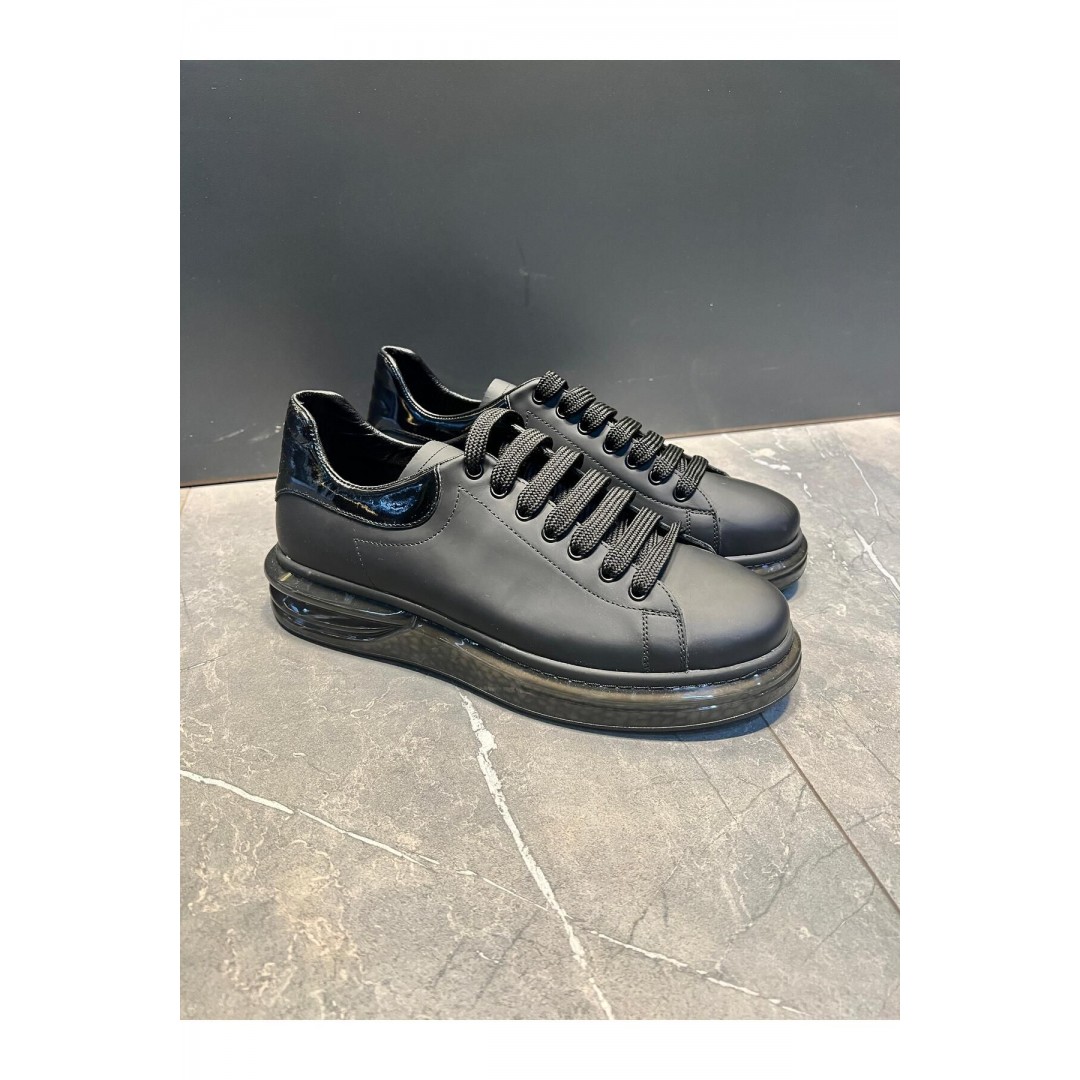 1051 Siyah Mat Boğumlu Hakiki Deri Erkek Sneakers