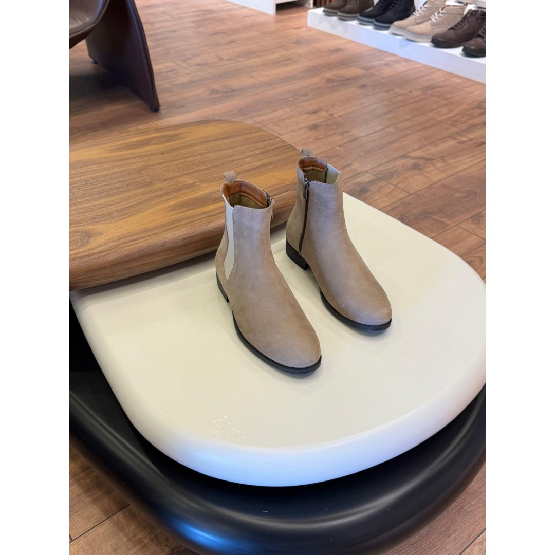 9106 Bej Fermuarlı Nubuk Hakiki Deri Bot