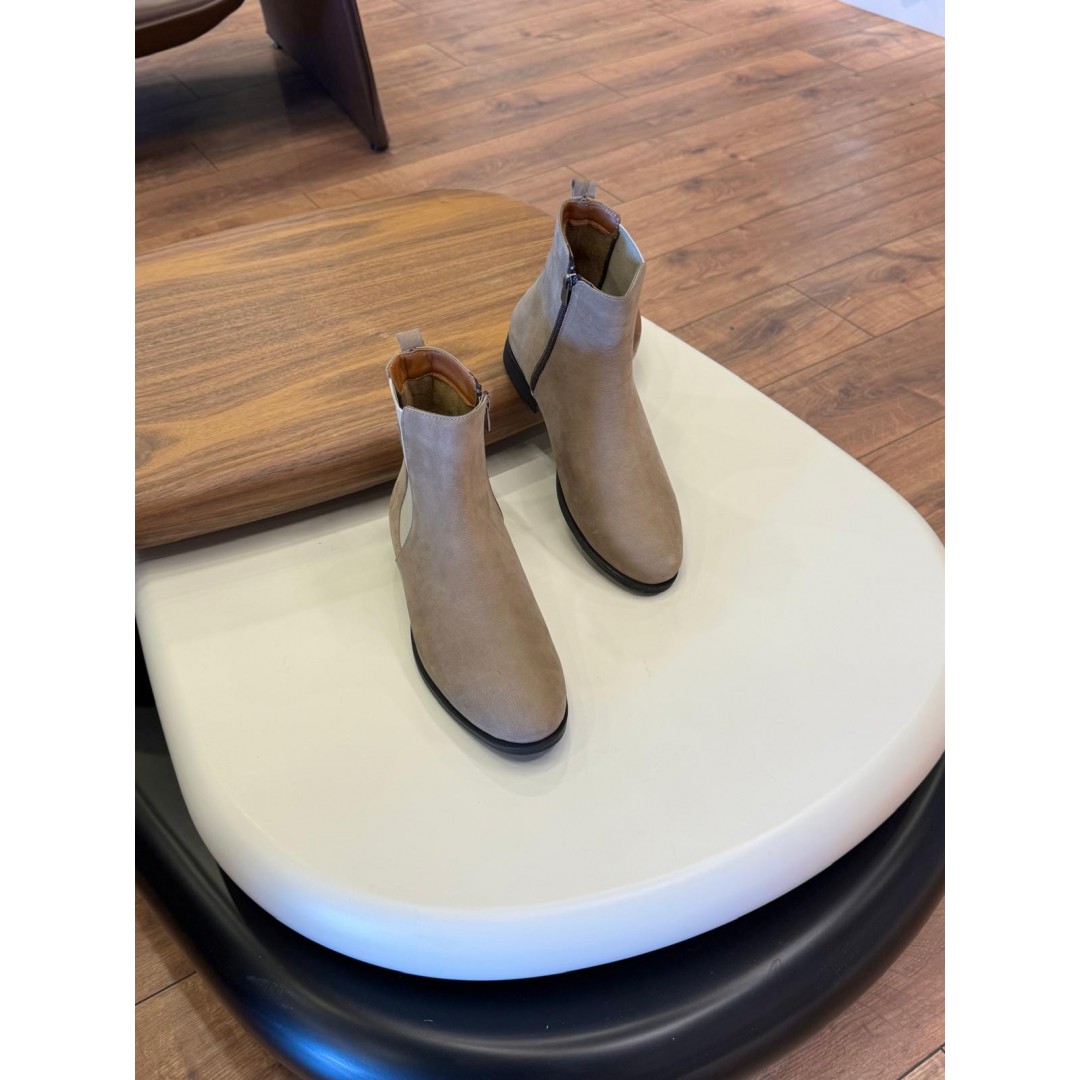 9106 Bej Fermuarlı Nubuk Hakiki Deri Bot