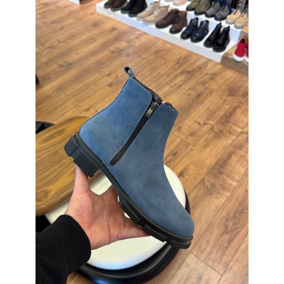 9107 Mavi Fermuarlı Nubuk Hakiki Deri Bot